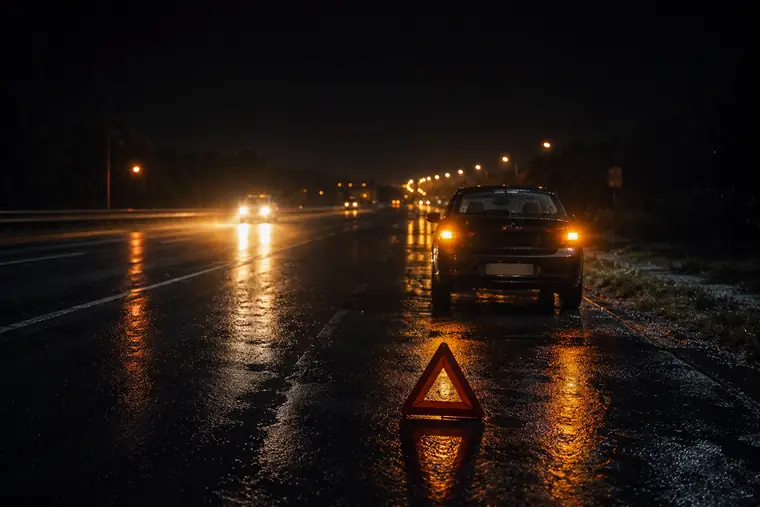 Carro parado no acostamento de rodovia à noite, com triângulo de sinalização