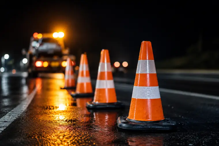 Cones de sinalização na pista molhada com luz âmbar de guincho ao fundo